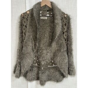 AllSeens Crochet Boho Knit Fuzzy Cardigan Sweater Fairycore Whimsygoth Brown‎